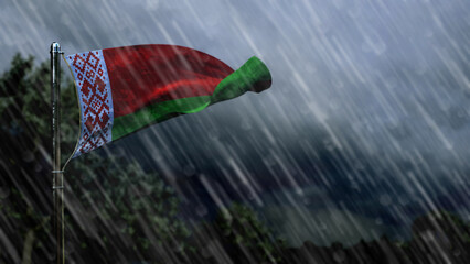 Fototapeta premium flag of Belarus with rain and dark clouds, terrible weather symbol - nature 3D rendering