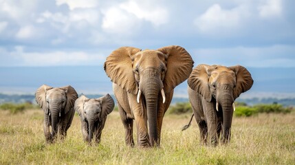 Obraz premium Elephant family walking across savanna.