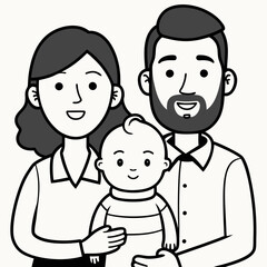 Happy Family Illustration - Black and White Cartoon of Parents with Baby