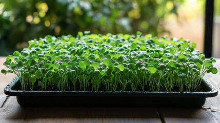 Microgreens growing in a black tray indoors.