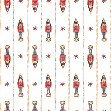 The Nutcracker toy vintage seamless pattern of vertical rope strips and anise star. Christmas wooden soldier, traditional ornament paper. Watercolor painted illustration on isolated white background