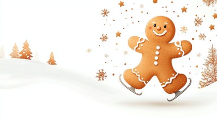 A cheerful gingerbread man ice skating on a snowy landscape with festive decorations. Perfect for holiday themes and seasonal celebrations.