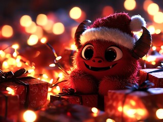A cheerful red plush monster wearing a Santa hat, surrounded by beautifully wrapped gifts and twinkling Christmas lights, evoking a festive holiday spirit.