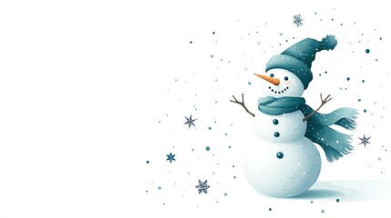 A cheerful snowman adorned with a blue hat and scarf, surrounded by falling snowflakes against a white background, capturing the essence of winter fun and holiday spirit.