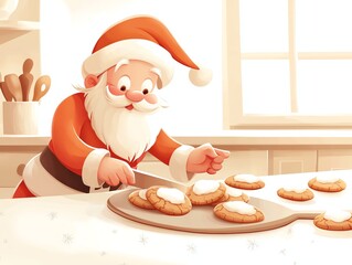 A cheerful Santa Claus decorating cookies in a cozy kitchen, surrounded by delicious treats and a warm atmosphere, perfect for the holiday spirit.