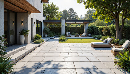 View of empty courtyard with freshly laid stone cobblestone