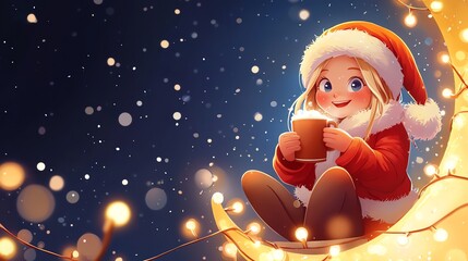 A cheerful young girl in a red Santa hat holding a warm drink, surrounded by glowing holiday lights and gentle snowfall, evoking a cozy winter atmosphere.