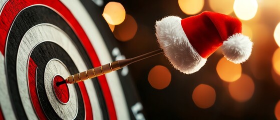 A close-up of a dartboard with an arrow hitting the center, adorned with a festive Santa hat, set against a blurred bokeh background, creating a warm and joyful holiday atmosphere.