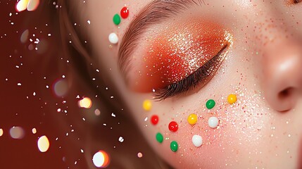 A close-up image of a woman's face showcasing vibrant makeup with glitter and colorful accents. Featuring warm tones and artistic details, perfect for beauty or fashion themes.