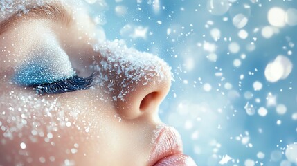 A close-up of a serene woman's face adorned with snowflakes, evoking a winter wonderland aesthetic with sparkling snow in a soft blue background.