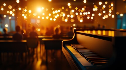 A close-up of a piano with soft lighting illuminating a warm, inviting atmosphere, perfect for musical gatherings or intimate performances, creating an enchanting ambiance.