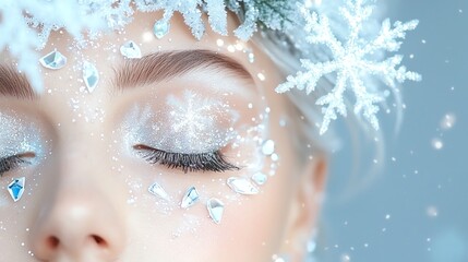 A close-up of a woman's face adorned with snowflakes and shimmering makeup, creating a magical winter vibe. The soft background enhances her serene expression.