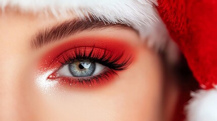 A close-up of a woman's eye adorned with festive red makeup and sparkling lashes, complemented by a Santa hat, capturing the essence of holiday spirit and beauty.