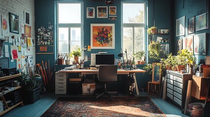 Sunlit Artists Studio Workspace Filled With Paintings And Plants
