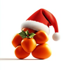 A cluster of oranges adorned with a festive Santa hat and holly, on a white isolated background, perfect for holiday-themed designs and festive decorations.