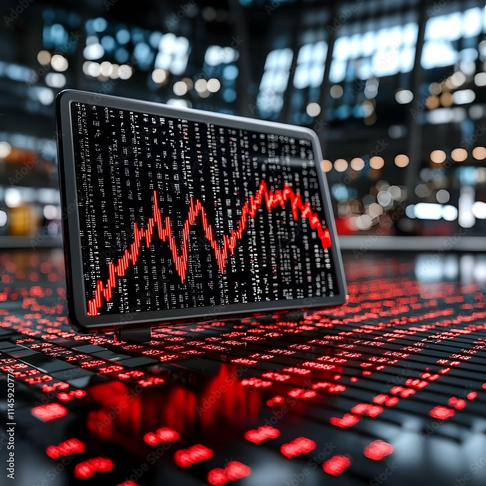 Poster computer monitor displaying red graph data in modern workspace