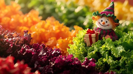 A colorful array of fresh, vibrant lettuce varieties with a festive snowman decoration holding a gift, showcasing the joy of healthy eating in a fun and playful manner.