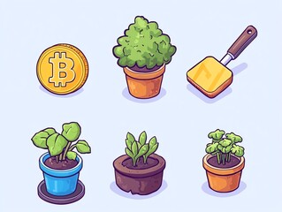 A colorful illustration featuring various potted plants, a Bitcoin coin, and a gardening tool on a light blue background, perfect for gardening and cryptocurrency themes.