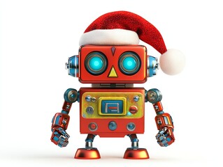 A colorful retro-style robot wearing a Santa hat, designed for Christmas-themed projects with a playful and festive touch.