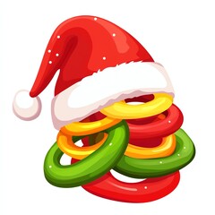 A colorful stack of rings topped with a festive red Christmas hat, isolated on a white background, perfect for holiday-themed designs or playful decorations.