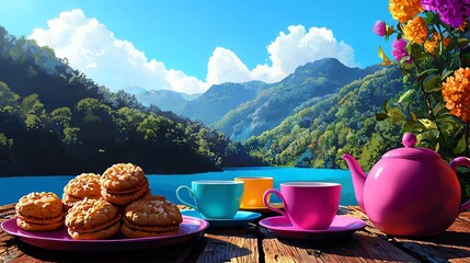 A colorful tea setup featuring vibrant cups, a teapot, and delicious pastries, with a stunning mountain backdrop and clear blue lake under a sunny sky.