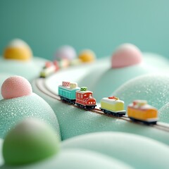 A colorful toy train traveling through a whimsical landscape with soft hills and pastel-colored trees, evoking a sense of nostalgia and playful imagination.