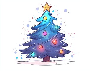 A colorful, cartoon-style Christmas tree adorned with ornaments, standing against a white background, symbolizing the festive spirit of the holiday season.