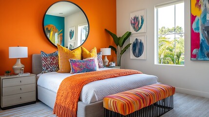 Vibrant Orange Bedroom With Colorful Artwork And Decor
