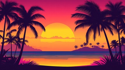 Obraz premium Vibrant sunset over tropical beach with palm trees silhouettes.