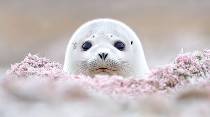 Adorable white seal pup peering from pink seaweed.