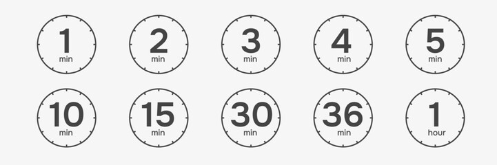 Minute timer icons set.  The indicates limited cooking time or deadline for an event or task. Vector illustration