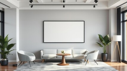 A mockup of modern office wall art displayed in a stylish workspace setting for a professional presentation, frame, room, modern
