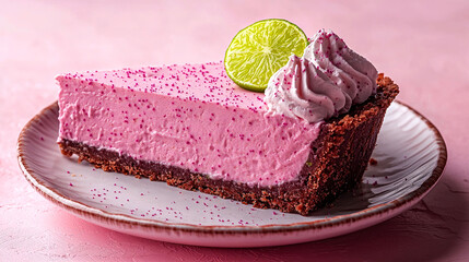 Pink lime cheesecake slice on plate.