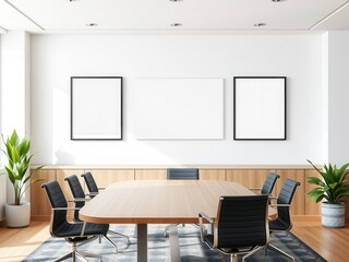 A mockup of office wall art displayed in a conference room with a clean and professional aesthetic, conference room, wall art, work environment