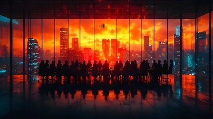 Business team meeting with digital data charts and graphs on a glass board, a group of business people sitting at a table in a conference room illuminated by sunlight, a silhouette-style stock photo