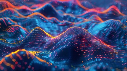Abstract cyber technology visualization with floating digital particles, waveforms, and abyssal depth in a de-focused futuristic background