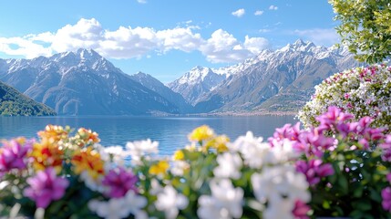 Fototapeta premium Stunning lake view with snow-capped mountains and colorful flowers in foreground.