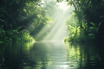 Obraz premium A calm river serenely meanders through a vibrant lush green forest, creating a tranquil and picturesque scene.