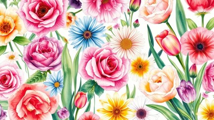 Beautiful watercolor illustration of various vibrant flowers including roses, daisies, and tulips, art, roses