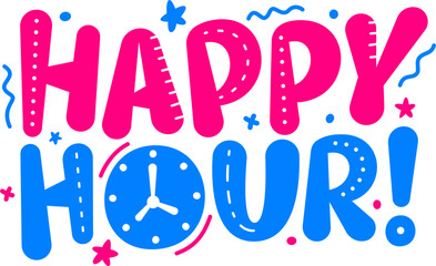 lettering happy hour with stars and lines text