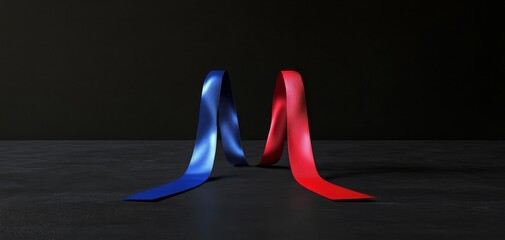A blue and red ribbon forms an abstract 'M' shape against a dark background, banner.