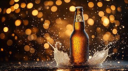 Amber Bottle and Golden Bokeh Creating a Celebration of Refreshment