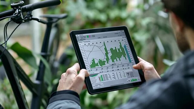 Analyzing cycling performance data in a lush outdoor setting with technology and nature combined - Powered by Adobe
