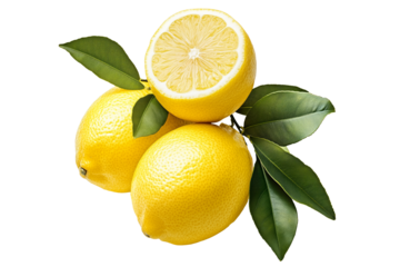 Whole and half yellow lemons with vibrant green leaves isolated on white transparent background, representing freshness and citrus fruits