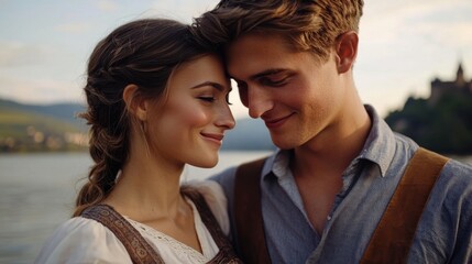 Obraz premium Romantic Couple by the Lake at Sunset