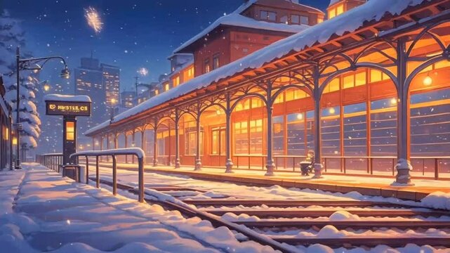 Nighttime view of a city's railway station with trains, platforms, and urban architecture