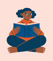 Dark-skinned girl sitting cross-legged and reading book. Cute naive clip art with cartoon female character. Flat Design. Bookworm concept. World Book Day. Isolated vector illustration.