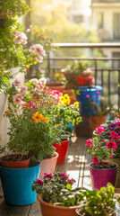 Fototapeta premium Brightly colored potted flowers on a sunny balcony.