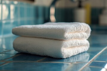 White Towels on Blue Counter