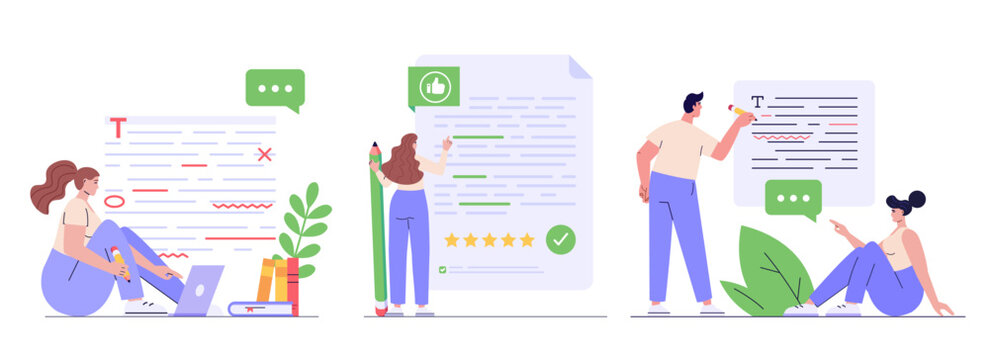 Editing document with text. Correcting grammar mistake with red marker. Teacher fix page text errors. Set of text editing, grammar edit, correcting mistake. Vector flat cartoon illustration